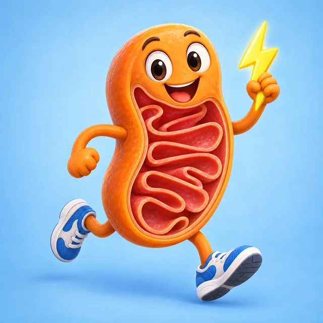 Friendly mitochondrion character with visible inner folds