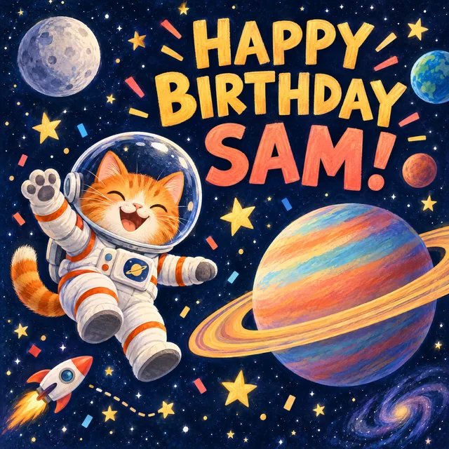 HAPPY BIRTHDAY SAM card with an astronaut cat
