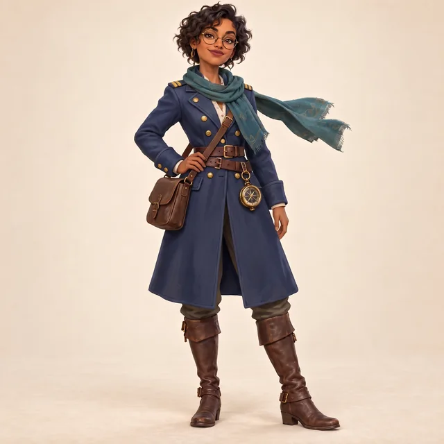 The same navigator edited into a navy sky-captain coat