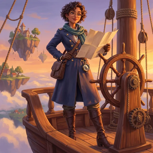The sky-captain studying a map on a flying ship