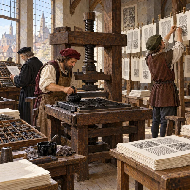 Illustration of a fifteenth-century printing workshop