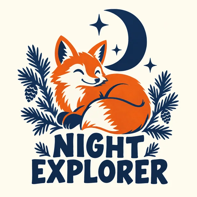 Orange and navy fox graphic with the words NIGHT EXPLORER